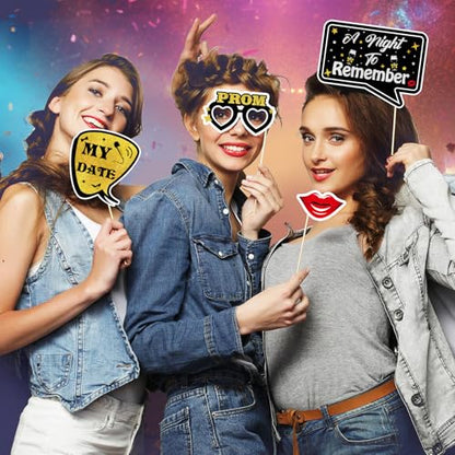 24 Pcs Prom Photo Booth Props Kit - Funny Prom Dance Party Photo Booth Props for High School or College Graduation Party Decorations Supplies Favors, Black Gold Selfie Props