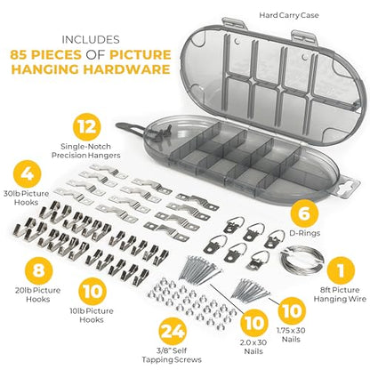 Go Hang It! Pro, All-in-One Picture Hanging Kit - Picture Leveling and Hanging Tool - Hang Sawtooth/Wire Hangers - Wall Hanging Kit and Level Tool - Hardware Case with 85-Piece Hanging Essentials