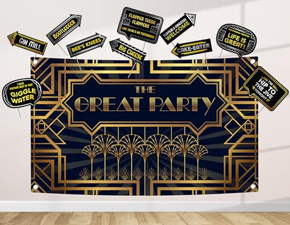 Roaring 20s Great Gatsby Decoration Kit - Includes Photography Backdrop & 10 Studio Selfie Photo Booth Props with Sticks - 1920's Twenties Theme Studio Background Banner Supplies - size: 20s Gatsby