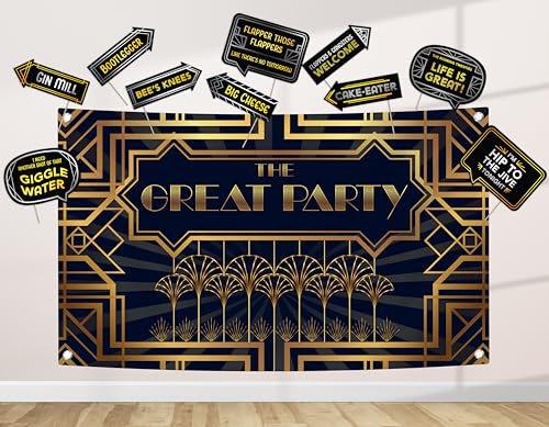 Roaring 20s Great Gatsby Decoration Kit - Includes Photography Backdrop & 10 Studio Selfie Photo Booth Props with Sticks - 1920's Twenties Theme Studio Background Banner Supplies - size: 20s Gatsby