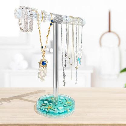 FONMY Jewelry Stand Holder Organizer Acrylic w/Nature Seashell Handmade,Seascape Countertop Jewelry Holder,Gift for Women,Jewlery Tower for Necklace, Earring, Bracelet (Blue)