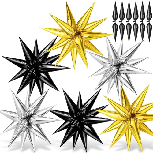 72PCS Gold Silver Black Star Balloons, Big 26 Inch Star Foil Metallic Mylar Balloons, Spike Balloon Fireworks for Graduation New Year Retirement Party Birthday Photo Props - color: Gold, Silver, Black, 26 Inch