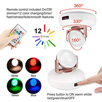 12 Colors Changing Accent Light, Rechargeable Picture Light with Remote, LED Dartboard Light, Puck Light with 330°Rotatable Light Head, Stick on Art Spotlight Indoor for Display, Painting - color: White+Gold