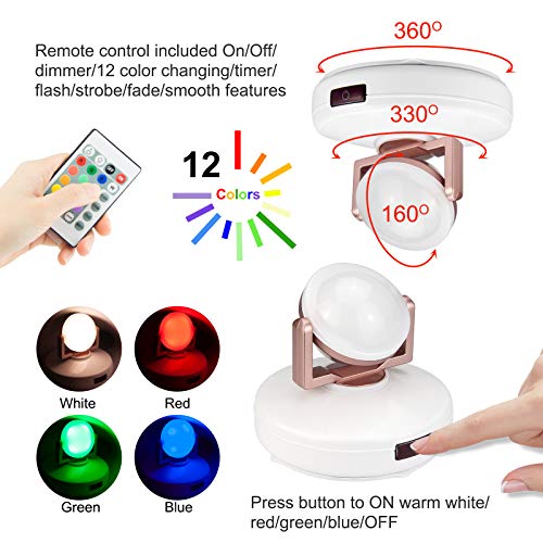 12 Colors Changing Accent Light, Rechargeable Picture Light with Remote, LED Dartboard Light, Puck Light with 330°Rotatable Light Head, Stick on Art Spotlight Indoor for Display, Painting - color: White+Gold