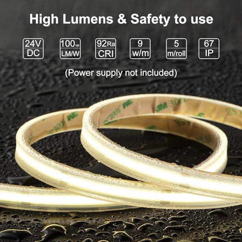 LLTOP COB LED Strip Lights Waterproof IP67 DC24v Natural White 4000K 16.4ft/5m High CRI 92Ra+ Outdoor LED Tape Lighting DIY Cuttable for Bedroom Kitchen Cabinet Shelf (Power Supply Not Included) - color: Natural White 4000K (power supply not included)