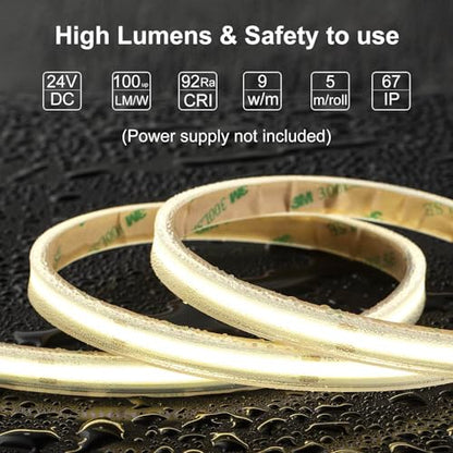 LLTOP COB LED Strip Lights Waterproof IP67 DC24v Natural White 4000K 16.4ft/5m High CRI 92Ra+ Outdoor LED Tape Lighting DIY Cuttable for Bedroom Kitchen Cabinet Shelf (Power Supply Not Included) - color: Natural White 4000K (power supply not included)