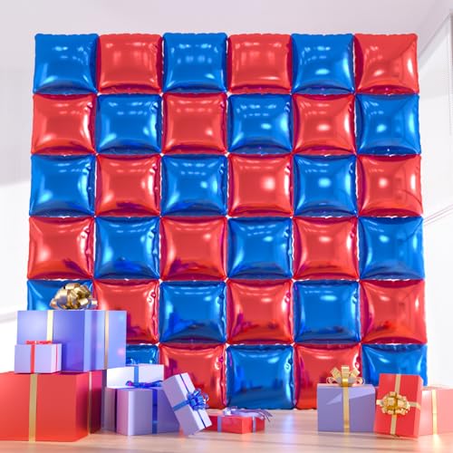 36pcs Red & Royal Blue Square Foil Balloons - Double-Sided Mylar Balloon Backdrop Kit for Birthdays, Graduation 2026, New Year, Photo Booth Decor (9.5ft x 9.5ft Checkered Wall/Tunnel) - color: Blue Red