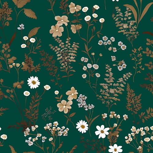 Laatse Dark Floral Wallpaper Peel and Stick 17.5in x 118in Vintage Green Gold Leaf Wallpaper Vinyl Waterproof Self-Adhesive Boho Botanical Wall Paper Mural for Cabinet Bookcase Bedroom Decor - color: Green&White, size: 118" x 17.5"