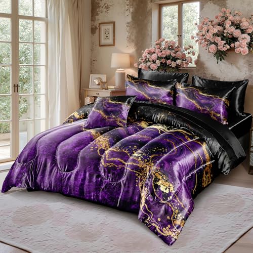 Purple Satin Comforter Set Gray Marble Bedding King Purple Marble Stone Bedroom Decor Artwork Abstract Comforter Silk Like Silky Bed in A Bag with Comforter and Sheets - color: Purple, size: King