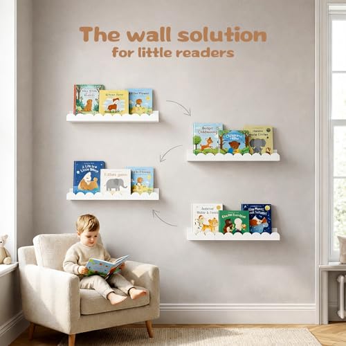 Nursery Floating Shelves for Kids Room, 2 Pack 23.6 Inch White Wall Shelves with Scalloped Edge, Kids Bookshelves for Toddler Bedroom, Playroom, Baby Nursery Decor - color: White, size: 2pc-23.6in