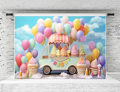 Kate Ice Cream Car Photography Backdrop Chilldren Cake Smash Rainbow Ballon Birthday Party Background Photoshoot Props, 7x5ft - size: 7x5ft