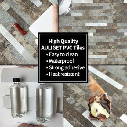 AULIGET 2 Sheets Beige & Brown Slate Peel and Stick Backsplash, PVC Mixed Metal Silver Wall Tile Stick on Backsplash for Kitchen and Bathroom - color: Beige & Brown Slate + Metal Silver, size: 2 Sheets, 6"x12"x0.12"