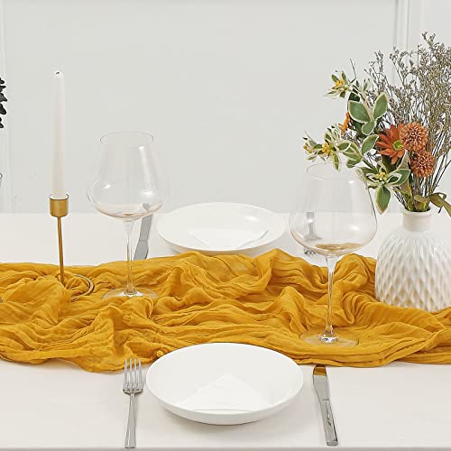 DOLOPL Mustard Yellow Cheesecloth Table Runner 13.3ft Boho Gauze Cheese Cloth Table Runner Rustic Sheer Runner 160inch Long for Wedding Bridal Baby Shower Birthday Party Cake Table Decorations - color: Mustard