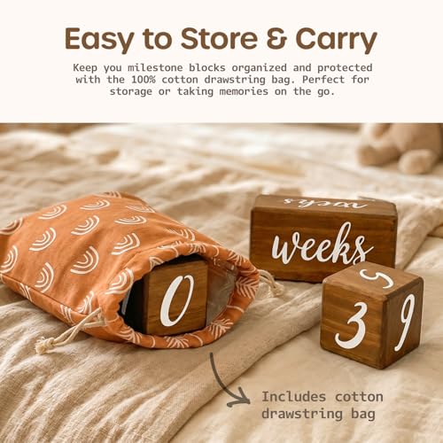 Pondering Pine Baby Milestone Blocks - Natural Pine Wood with Weeks Months Years Grade - Milestones Age Block Set with Boho Rainbow Bag, Newborn Weekly Monthly First Year Picture Props, Earth Friendly - color: Brown, size: 3 Piece