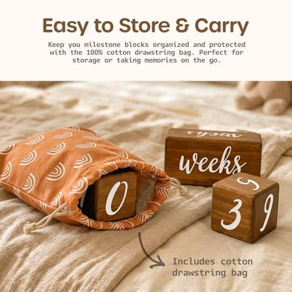 Pondering Pine Baby Milestone Blocks - Natural Pine Wood with Weeks Months Years Grade - Milestones Age Block Set with Boho Rainbow Bag, Newborn Weekly Monthly First Year Picture Props, Earth Friendly - color: Brown, size: 3 Piece