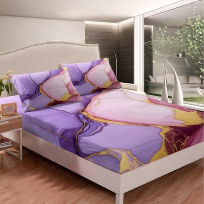 Marble Sheet Set - Pink Purple Gold Bed Sheets,Soft Modern Marble Texture Pattern Sheets,King Size 4-Piece Girly Bedding Sheets & Pillowcases Sets (1 Fitted Sheet,1 Top Sheet,2 Pillowcases) - color: Multi 01, size: King