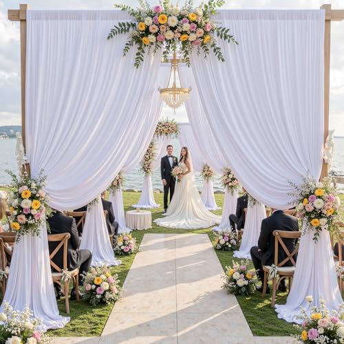 10ft×12ft Wrinkle Free White Backdrop Curtain for Wedding Parties, 2 Panels 5×12ft Long Silky Polyester Fabric Backdrop Drapes White Photo Back Drop Curtains for Party Photography Background Cloth - color: White, size: 12ft Long_2 Panels