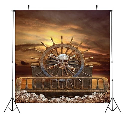 BELECO 8x8ft Fabric Pirate Backdrop Halloween Pirate Decorations Pirate Steering Wheel Scary Skulls Gloomy Sky Photography Background Kids Adult Pirate Theme Party Event Decorations Photoshoot Props - size: 8x8FT