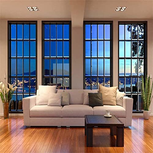 AOFOTO 10x10ft Business Office Window View Backdrop French Sash Modern Living Room Interior Sofa Casement Photography Background Work at Home Nightscape Wooden Floor Furniture Video Studio Props Vinyl - size: 10x10ft