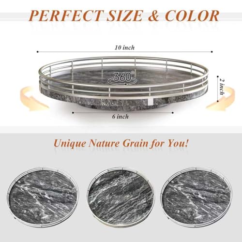 Gray Marble Lazy Susan Turntable for Table Top – 10” Round Marble Tray Organizer for Dining Table, Kitchen Countertop & Bar, Luxury Stone Serving Tray with Silver Frame - color: Gray & Silver, size: 10 inches
