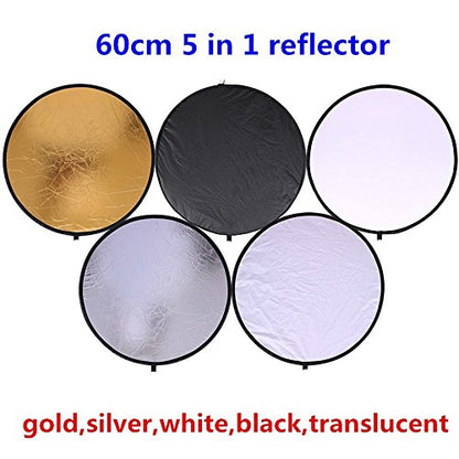 24" (60cm) 5-in-1 Portable Collapsible Multi-Disc Photography Light Photo Reflector for Studio/Outdoor Lighting with Bag - Translucent, Silver, Gold, White and Black - size: 24inch 5in1
