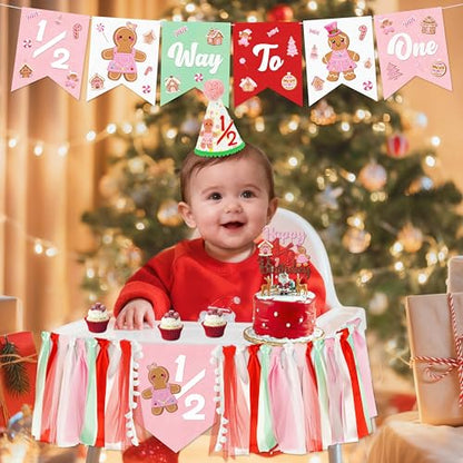 1/2 Birthday Christmas Half Birthday Decorations - Christmas It's My 1/2 Bday Banner Glitter Cake Topper Tassel High Chair Banner & Cone Hat Halfway to One Boy Girl Party Supplies - color: Red