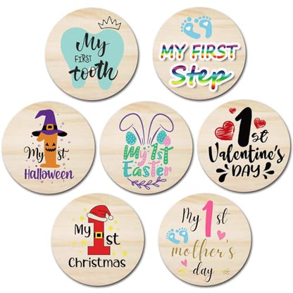 My First Holiday Milestone Cards Sign, Double Sided Newborn Photo Props Pregnancy Journey Baby Shower My First Holiday Anniversary Milestone Wooden Discs - color: Baby First Holidays