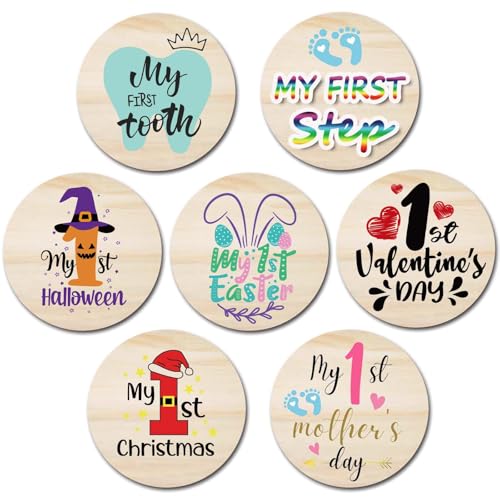 My First Holiday Milestone Cards Sign, Double Sided Newborn Photo Props Pregnancy Journey Baby Shower My First Holiday Anniversary Milestone Wooden Discs - color: Baby First Holidays