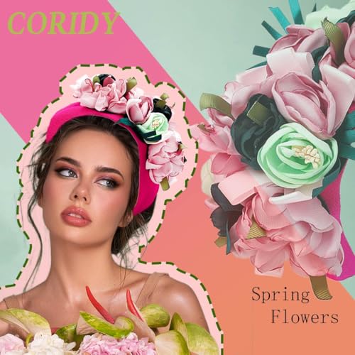 Boho Wide Headbands for Women Handmade Dazzling Floral Flowers Hairbands Red Crystal Embellished Hair Band Retro Hairbands Festivals Photo Props (Red) - color: Red
