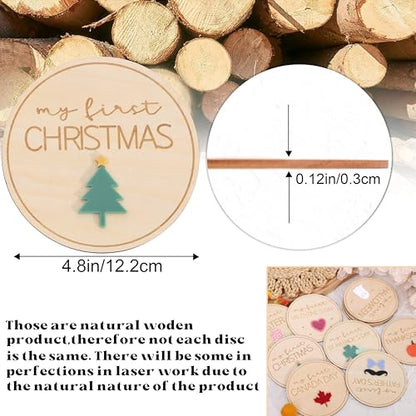 My First Holiday Milestone Sign - Wood Holiday Milestone Photo Props, Newborn Baby Photography Discs, 11 Pcs Wooden Disc Sign, Baby Shower Party Gift