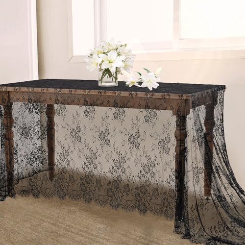 B-COOL Black Lace Tablecloth 60x120 Inch 5 Pieces Vintage Wedding Halloween Floral Halloween Table Cloth Rectangle Tables Lace Fabric Rustic for Party Decor - color: Black, size: 60" x 120" (5 Pieces Rectangle)