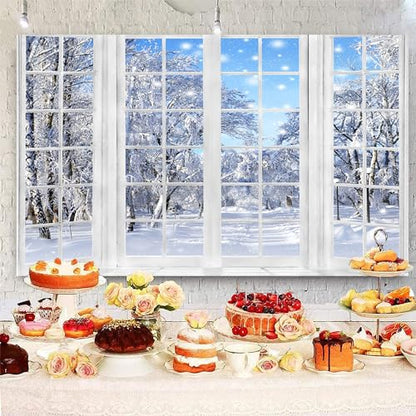5x4ft Winter Landscape Window Backdrop Snow Trees Scenery Photography Background Banner Merry Xmas New Year Party Banner Decorations Supplies Photo Booth Props - size: 5x4ft