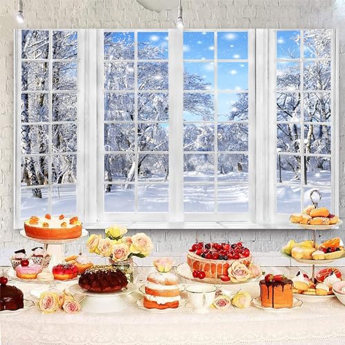 9x6ft Winter Landscape Window Backdrop Snow Trees Scenery Photography Background Banner Merry Xmas New Year Party Banner Decorations Supplies Photo Booth Props - size: 9x6ft