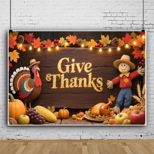 Thanksgiving 7x5ft Glitter Rustic Wood Fall Leaves Happy Thanksgiving Backdrops for Photoshoot Banner Festive Harvest Give Thanks Decorations Background Friendsgiving Photo Booth Props - color: Gold, size: 7x5ft