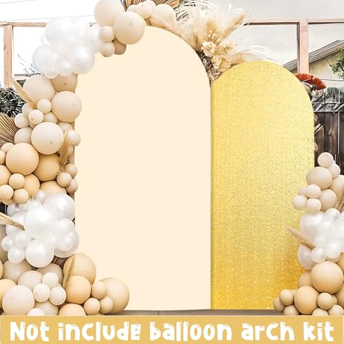 2PCS Arch Backdrop Covers Glitter Gold Cream (7.2ft+6ft), 2 Sided Spandex Fitted Arch Stand Covers Background for Wedding Baby Shower Birthday Bridal Shower Party Decorations(Only Covers) - color: Cream & Gold, size: 7.2FT/6FT