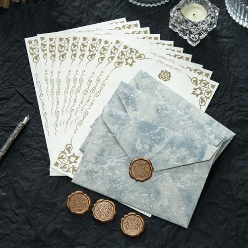 48 Pcs Stationery Set with Envelopes (24 White Kraft Paper Sheets +12 Marble Texture Envelopes+12+Wax Seal Stickers), Premium Stationery Letter Writing Paper Set for Party Invitations (Blue) - color: Blue