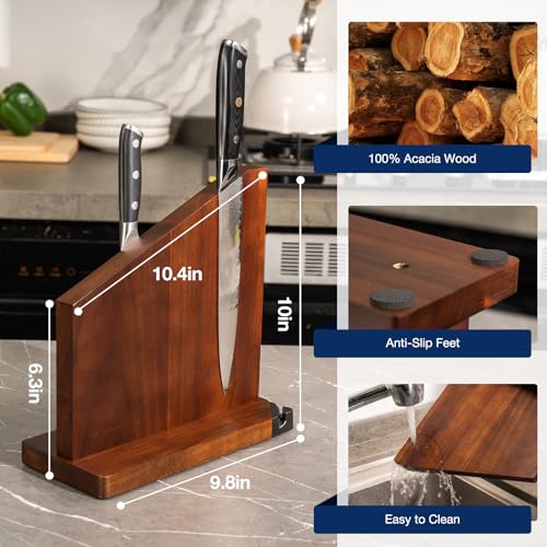 Gourmetop Magnetic Knife Holder with Built-in Sharpener, 100% Acacia Wood Magnetic Knife Block without Knives, Strong Double-Sided Magnetic Knife Holder for Kitchen Countertop Organization, Dark Wood - color: Dark Wood