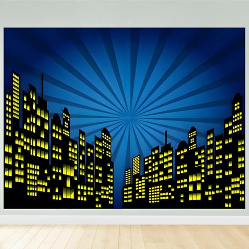 10x8ft Polyester Cartoon Super City Background Skyline Skyscraper Urban Light Photography Backdrop Children Boby Happy Birthday Backdrop Super City Party Photo Studio Props - size: 10x8 FT
