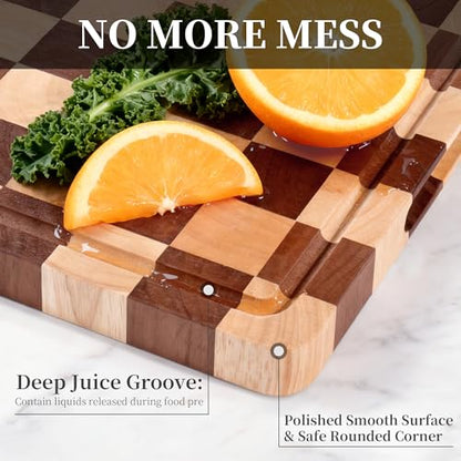 WILLKOMMEN Checkered Cutting Board for Kitchen– Wood Checkerboard End Grain Chopping Board 1" Thick Wooden Butcher Block with Juice Groove & Handle, Reversible for Cooking and Serving (Square) - style: Square Checkerboard-1 pack
