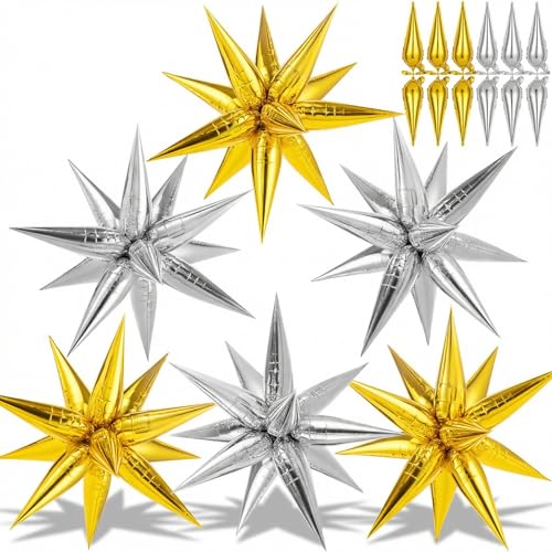 74 PCS Gold Silver Star Balloons Foil, 26 Inch Large Explosion Cone Balloons, 12 Spike Mylar Balloon for Birthday Anniversary Wedding Baby Shower Party Decorations - color: Gold, Silver, 26 Inch