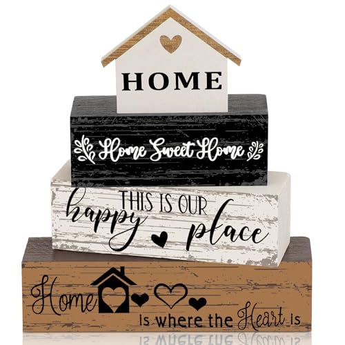 Geelin 4 Pcs Farmhouse Wooden Tabletop Decor Sweet Home Tiered Tray Decor Rustic Home Wood Sign Neutral Decorations for Wood Block Sign Coffee Shelf Desk Centerpiece Decoration - style: Home
