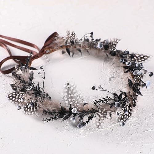 Black Flower Crown Headband - Elf Floral Headpiece Flower Girl Hair Accessory Pregnant Women Birthday Wedding Party Photo Props - color: Feather-Black