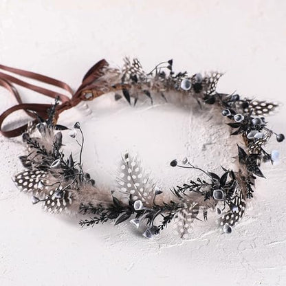 Black Flower Crown Headband - Elf Floral Headpiece Flower Girl Hair Accessory Pregnant Women Birthday Wedding Party Photo Props - color: Feather-Black