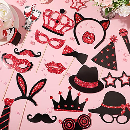 Zonon 24 Pcs Funny Photo Booth Props:Birthday Wedding Graduation, Family Reunion, Class Reunion, Easter, Prom Disco Party Celebration Decoration Supplies - Mix of Hats,Lipstick,Tie(Red and Black) - color: Red and Black