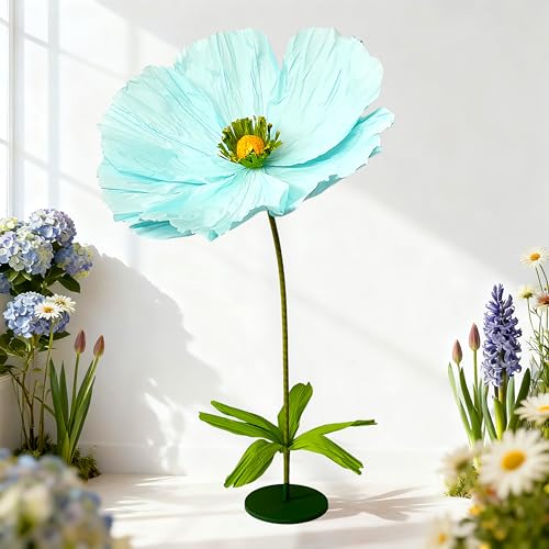 Giant Crepe Paper Flowers,5.8ft Large Paper Poppy Flowers with Base,Oversized Artistic Paper Floral Decor for Wedding,Photography Props (Linght Blue, Standing Flower with Base 1 Piece) - color: Linght Blue