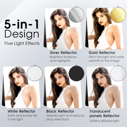 5-in-1 Light Reflector 43 Inch/110 cm Photography Diffuser Collapsible Portable with Bag，Gold Silver White Black Translucent for Studio and Outdoor Lighting (43'' (110cm)) - size: 43'' (110cm)
