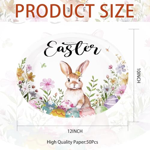 50PCS Easter Oval Paper Plates Easter Decorations 10" X 12" Large Easter Bunny Paper Plates Disposable Easter Party Plates Bunny Egg Flowers Tableware for Spring Easter Holiday Party Supplies - style: 50PCS Easter Oval Kit