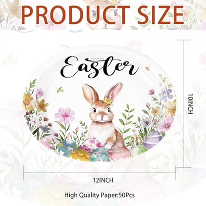 50PCS Easter Oval Paper Plates Easter Decorations 10" X 12" Large Easter Bunny Paper Plates Disposable Easter Party Plates Bunny Egg Flowers Tableware for Spring Easter Holiday Party Supplies - style: 50PCS Easter Oval Kit