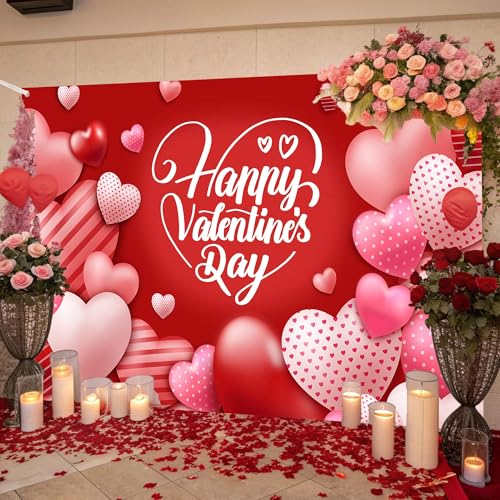 Valentine's Day Photography Backdrop 72 x 44 Inch - Pink Red Heart Filled Happy Valentine's Day Banner for Romantic Shoots - color: Red