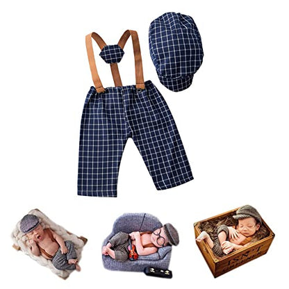 Newborn Monthly Baby Photo Props Stripe Checked Flat Cap Newsboy Suspender Pants Romper for Photography Outfits - color: Dark Blue